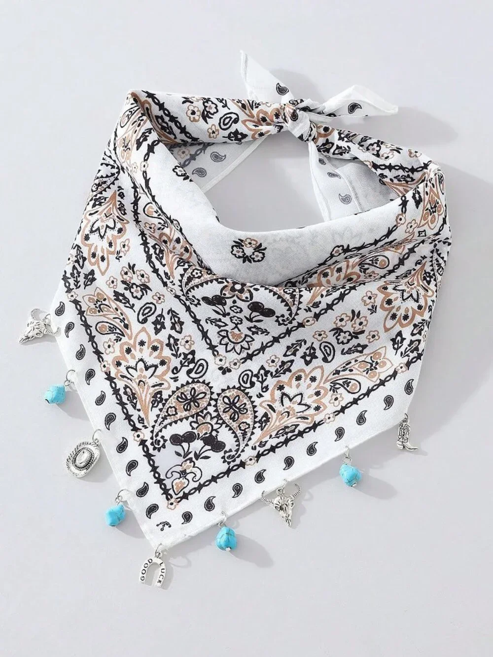 🤍 Western Paisley Cowgirl Charm Bandana 🐂 Turquoise Horseshoe Scarf
